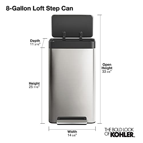 KOHLER 8 Gallon Tall Hands-Free Kitchen Step Can, Trash Can with Foot Pedal, Quiet-Close Lid, Stainless Steel, K-20941-ST