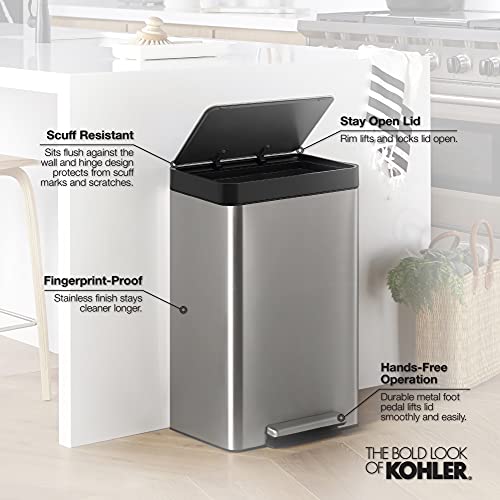 KOHLER 8 Gallon Tall Hands-Free Kitchen Step Can, Trash Can with Foot Pedal, Quiet-Close Lid, Stainless Steel, K-20941-ST