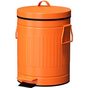 Retro Trash Can with Lid - 5L/1.3Gal Step Trash Can w/ Soft Closing Lid - Round Garbage Can w/ Handles - Touchless Trash Can w/ Removable Garbage Guard Bucket - Outdoor Garbage Can - Large Trash Bin, Orange