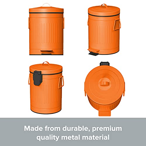 Retro Trash Can with Lid - 5L/1.3Gal Step Trash Can w/ Soft Closing Lid - Round Garbage Can w/ Handles - Touchless Trash Can w/ Removable Garbage Guard Bucket - Outdoor Garbage Can - Large Trash Bin, Orange