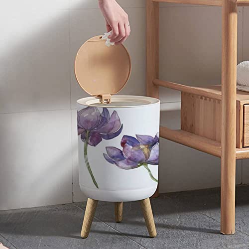 ALIWHDFIAW Press Cover Round Trash Bin Legs Purple Lotus Foral Botanical Flower Wild Spring Leaf Wildflower Push Top Trash Can Lid Dog Proof Garbage Can Wastebasket for Living Room 7L/1.8 Gallon