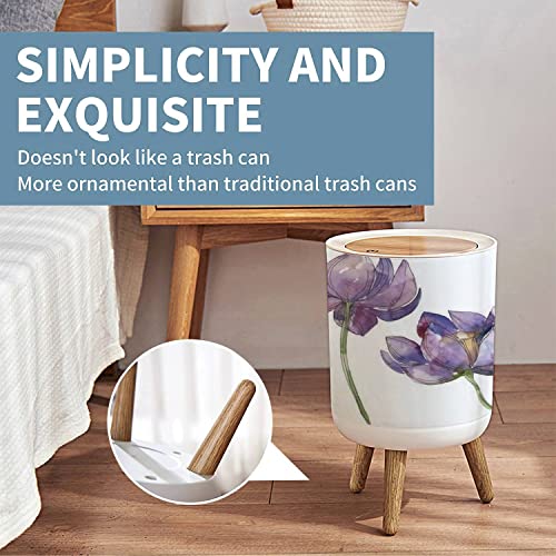 ALIWHDFIAW Press Cover Round Trash Bin Legs Purple Lotus Foral Botanical Flower Wild Spring Leaf Wildflower Push Top Trash Can Lid Dog Proof Garbage Can Wastebasket for Living Room 7L/1.8 Gallon