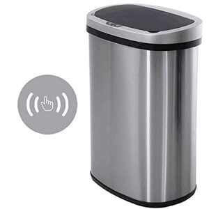 hhs 13 gallon kitchen trash can stainless steel garbage bin with lid automatic touch free high-capacity waste bin metal soft-close garbage can for home office bedroom, silver