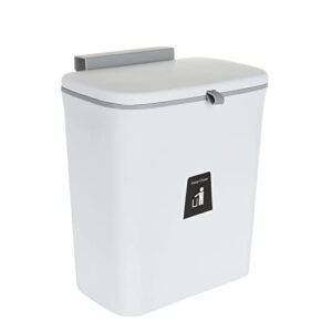 pettyoll hanging small trash can with lid, 2.4 gallon wall mounted counter waste compost bin, hanging trash can for kitchen cabinet door or under sink, ( plastic, white)