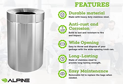 Alpine 50 Gallon Indoor Trash Can - Corrosion Proof Stainless Steel Garbage Bin - Heavy Duty Waste Disposal Trashcan for Litter Free Home, Schools, Hospitals and Businesses (50 Gallon)