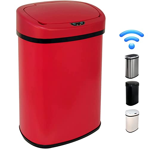 Hkeli Kitchen Trash Waste Bin 13 Gallon 50 Liter High Capacity Brushed Stainless Steel Garbage Can Touch Free Automatic Trash Can with Lid for Home Office Red