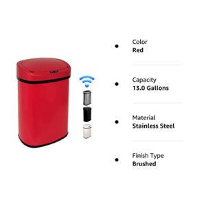 Hkeli Kitchen Trash Waste Bin 13 Gallon 50 Liter High Capacity Brushed Stainless Steel Garbage Can Touch Free Automatic Trash Can with Lid for Home Office Red