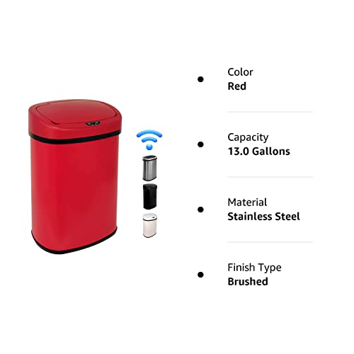 Hkeli Kitchen Trash Waste Bin 13 Gallon 50 Liter High Capacity Brushed Stainless Steel Garbage Can Touch Free Automatic Trash Can with Lid for Home Office Red