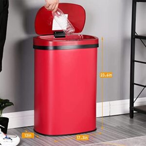 Hkeli Kitchen Trash Waste Bin 13 Gallon 50 Liter High Capacity Brushed Stainless Steel Garbage Can Touch Free Automatic Trash Can with Lid for Home Office Red