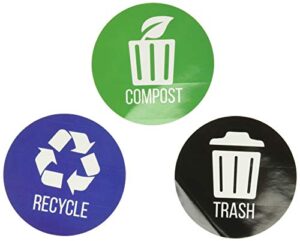 itouchless recycle, trash & compost premium vinyl stickers for trash can/recycle bin/compost bin; 4″ round waterproof, reusable (set of 3); indoor/outdoor (4″x4″)