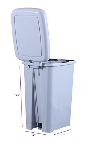 Superio Slim Step On Pedal Plastic Trash Can, Waste Bin for Under Desk, Office, Bedroom, Bathroom, Kitchen (2.5 gal) (White Smoke)