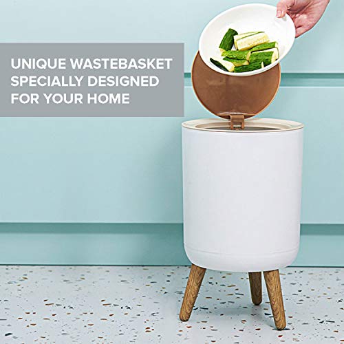 Nordic Style Trash Can (2-Pack) - Push Top with Lid - 14.3" x 8.7" White Top Spring Waste Basket - Scandinavian Modern Garbage Can - Round Trash Bin w/ Legs - Kitchen/Bathroom Trash Can I 1.8 Gallon