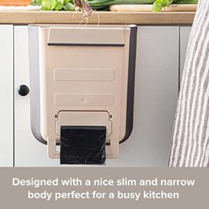 Hanging Kitchen Trash Can - Expandable Garbage Can for Kitchen Cabinet - Food Waste Trash Bin w/ Trash Bag Dispenser & Towel Hanger - Space-saving Compost Bin & Under Sink Trash Can | 9-Liter/2.4 Gal, Brown