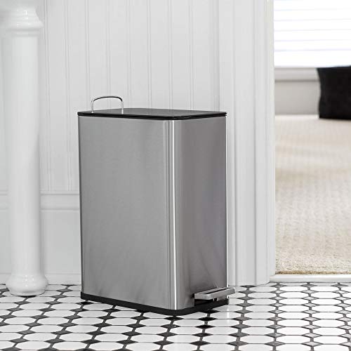 Design Trend Silver Small Stainless Steel Rectangular Trash Can with Lid for Bathrooms | 6 L