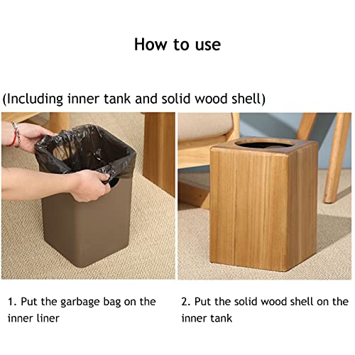 DRSFF 8L Trash Can Teak Garbage Bin Kitchen Rubbish Container Wooden Square Waste Basket with Plastic Inner Cylinder for Living Room Office Bathroom Bedroom Storage Bucket