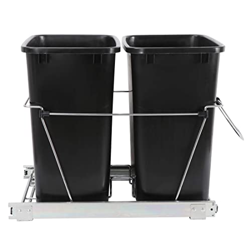JupiterForce Double 35 Quart Sliding Pull Out Garbage Recycle Bin Kitchen Trash Can Container Under Cabinet Design for Home Kitchen, Black