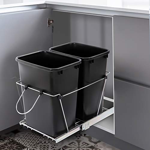 JupiterForce Double 35 Quart Sliding Pull Out Garbage Recycle Bin Kitchen Trash Can Container Under Cabinet Design for Home Kitchen, Black