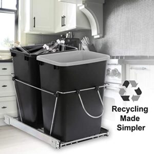 JupiterForce Double 35 Quart Sliding Pull Out Garbage Recycle Bin Kitchen Trash Can Container Under Cabinet Design for Home Kitchen, Black