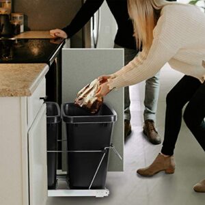 JupiterForce Double 35 Quart Sliding Pull Out Garbage Recycle Bin Kitchen Trash Can Container Under Cabinet Design for Home Kitchen, Black