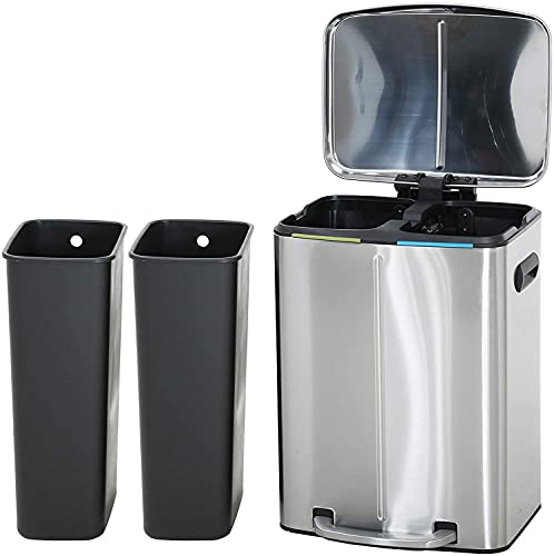 10 Gallon 40L Trash Can with Lid 2 Removable Liner Bucket Area for Office Kitchen Stainless Steel Metal Trash Can, Step Trash Can Wastebasket, Room Large Recycling Trash Can, Garbage Container Bin