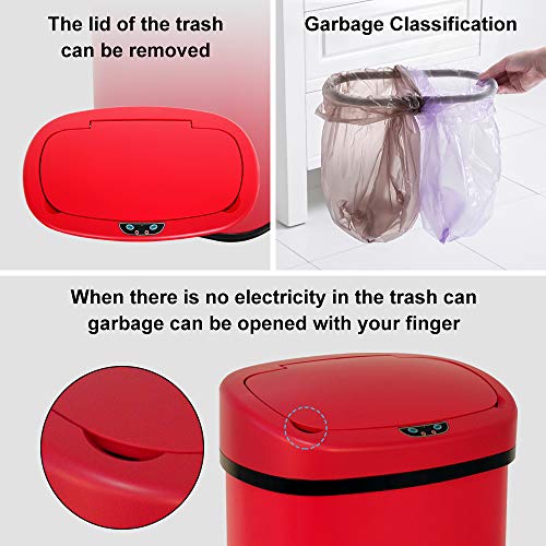 Kitchen Trash Can 13 Gallon,Stainless Steel Trash Can Touchless Garbage Can Large Trash Bin for Kitchen,Bathroom,Restroom,Office Automatic Garbage Bin,Red