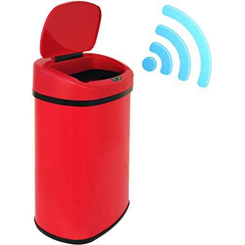 13 Gallon/50L Automatic Kitchen Trash Can with Lid, Touchless Garbage Can, Stainless-Steel Trash Cans Electronic Motion Sensor Smart Trash Bin for Kitchen Office Bathroom, Red