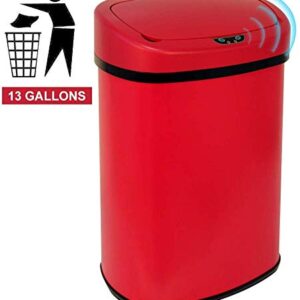 13 Gallon/50L Automatic Kitchen Trash Can with Lid, Touchless Garbage Can, Stainless-Steel Trash Cans Electronic Motion Sensor Smart Trash Bin for Kitchen Office Bathroom, Red