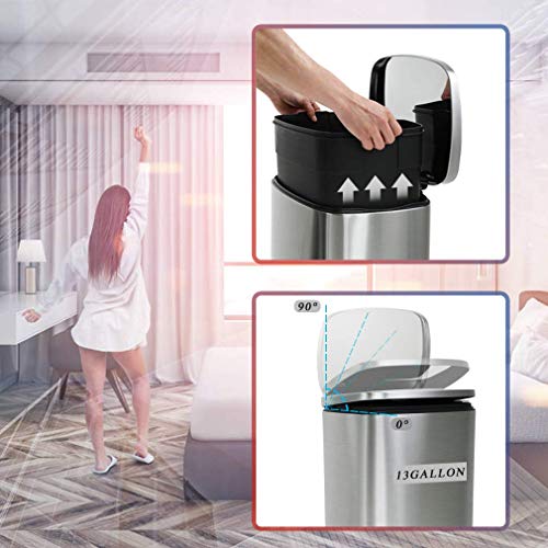 Kitchen Trash Can 13 Gallon Step Garbage Can Waste Bin Stainless Steel Trash Can Fingerprint-Proof Garbage Bins with Lid 50 L Large Capacity Step Waste Bins for Home Office Bathroom