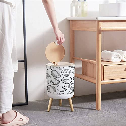 Nordic Style Trash Can - Doodle style sports equipment seamless ready to be tiled Push Top Trash Can with Lid - Scandinavian Modern Garbage Can - Round Trash Bin w/ Legs for Kitchen/Bathroom/Dog proof, 1.8 Gallon - 7L