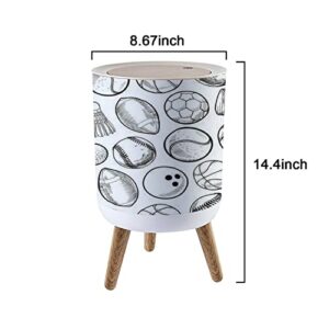 Nordic Style Trash Can - Doodle style sports equipment seamless ready to be tiled Push Top Trash Can with Lid - Scandinavian Modern Garbage Can - Round Trash Bin w/ Legs for Kitchen/Bathroom/Dog proof, 1.8 Gallon - 7L