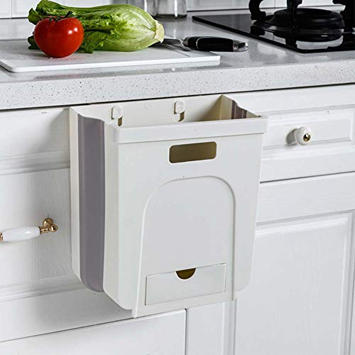 Cuteam Kitchen Wall-Mounted Folding Trash Can, Kitchen Drawer Hanging Collapsible Garbage Waste Bin Storage Cabinet Trash Can White 9.64" x 6.69" x 10.43"