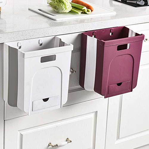 Cuteam Kitchen Wall-Mounted Folding Trash Can, Kitchen Drawer Hanging Collapsible Garbage Waste Bin Storage Cabinet Trash Can White 9.64" x 6.69" x 10.43"