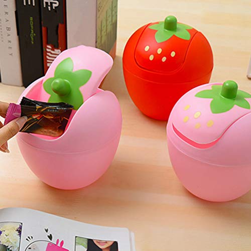 Cute trash bin Strawberry Desk Trash Can Small Plastic Storage Baskets Counter Top Garbage Can Kawaii Trash Bin Pen Holder Desk Organizer with Swing Lid for Home Car rubbish bin Pink small trash bin