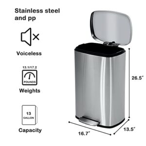 50 Liter / 13 Gallon Kitchen Trash Can with Lid, Stainless Steel Trash Can with Foot Pedal and Inner Bucket, Fingerprint-Resistant Soft Close Lid Garbage Can, Odor Proof and Hygienic, Stainless Steel