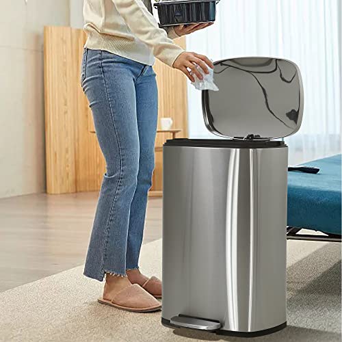 50 Liter / 13 Gallon Kitchen Trash Can with Lid, Stainless Steel Trash Can with Foot Pedal and Inner Bucket, Fingerprint-Resistant Soft Close Lid Garbage Can, Odor Proof and Hygienic, Stainless Steel
