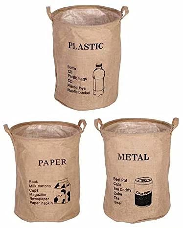 Dream Roca Natural Jute Recycling Bin Bag, Waste Bin Bags Basket for Home Kitchen Office - Round Reusable Recycle Garbage Trash Sorting Bins Organizer Baskets Recycling Container for Metal, Cans