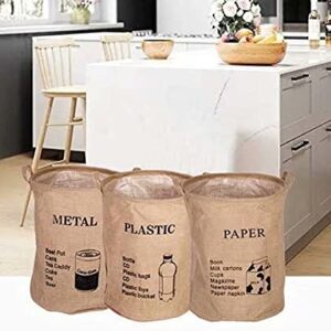 Dream Roca Natural Jute Recycling Bin Bag, Waste Bin Bags Basket for Home Kitchen Office - Round Reusable Recycle Garbage Trash Sorting Bins Organizer Baskets Recycling Container for Metal, Cans