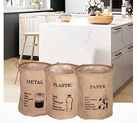 Dream Roca Natural Jute Recycling Bin Bag, Waste Bin Bags Basket for Home Kitchen Office - Round Reusable Recycle Garbage Trash Sorting Bins Organizer Baskets Recycling Container for Metal, Cans