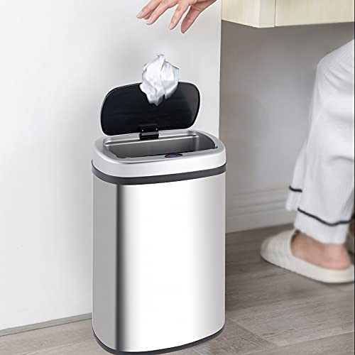 Kitchen Trash Can 13 Gallon, Stainless Steel Automatic Garbage Cans, Touchless Motion Sensor, Waterproof Waste Bin with Lid, Rubbish Bin Trashcan for Your Kitchen, Office, Bathroom, Bedroom (Silver)