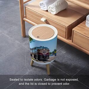 Trash Can with Lid Front Shot of The Napa Valley Wine Train on Sunny Day Press Cover Small Garbage Bin Round with Wooden Legs Waste Basket for Bathroom Kitchen Bedroom 7L/1.8 Gallon