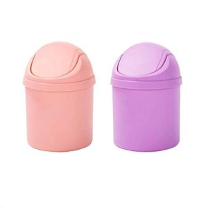 bonlting 2pcs mini table trash can plastic small tiny desktop wastebasket trash can with swing lid for bathroom vanity countertop or table(pink purple)