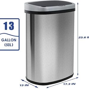 13 Gallon Touch Free Automatic Stainless Steel Trash Can Garbage Can 50L Metal Trash Bin with Lid for Kitchen Living Room Office Bathroom ,Silver