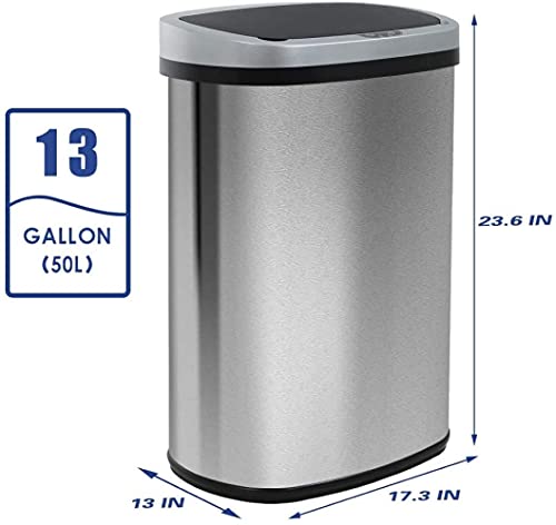 13 Gallon Touch Free Automatic Stainless Steel Trash Can Garbage Can 50L Metal Trash Bin with Lid for Kitchen Living Room Office Bathroom ,Silver