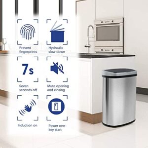 13 Gallon Touch Free Automatic Stainless Steel Trash Can Garbage Can 50L Metal Trash Bin with Lid for Kitchen Living Room Office Bathroom ,Silver