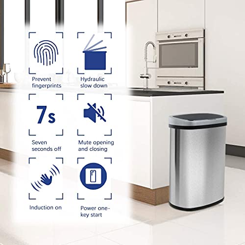 13 Gallon Touch Free Automatic Stainless Steel Trash Can Garbage Can 50L Metal Trash Bin with Lid for Kitchen Living Room Office Bathroom ,Silver