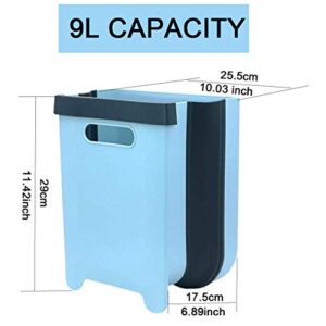 Hanging Kitchen Trash Can Collapsible Garbage Bin Small Compact Garbage Can Hanging Garbage Can for Kitchen Cabinet Door Foldable Plastic Car Bathroom Waste Basket - 2.4 Gallon (Blue)