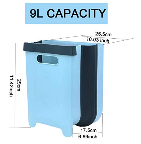 Hanging Kitchen Trash Can Collapsible Garbage Bin Small Compact Garbage Can Hanging Garbage Can for Kitchen Cabinet Door Foldable Plastic Car Bathroom Waste Basket - 2.4 Gallon (Blue)