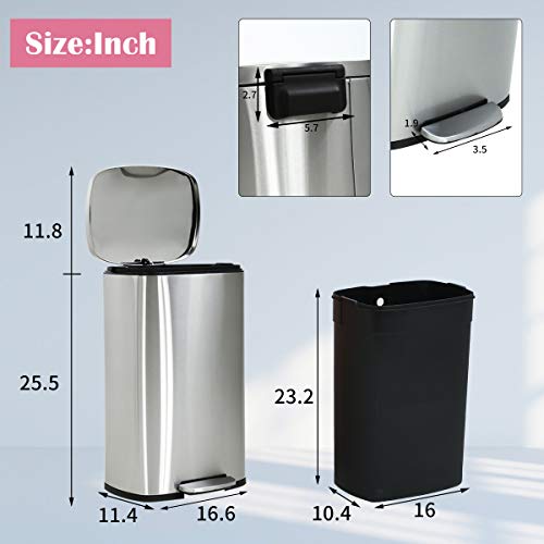 Step Trash Cans for Kitchen Stainless Steel 13 Gallon Kitchen Trash Cans with Foot Pedal Small Trash Can Anti-Fingerprint Garbage Can with Liner for Living Room, Kitchen, Bedroom, Washroom, 50 Liter