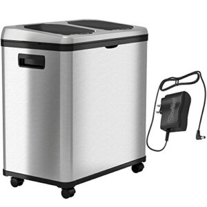 itouchless 16 gallon touchless trash can and recycle bin combo unit with ac adapter, stainless steel automatic sensor kitchen garbage receptacle, 2 x 8 gallon removable buckets with handles