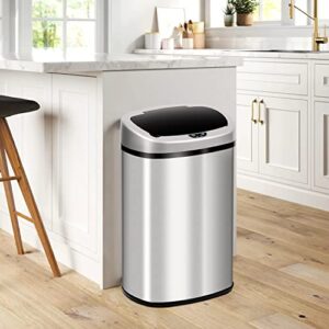 kitchen trash can stainless steel garbage trash can 13 gallon / 50l automatic touch free high-capacity garbage can with lid home bathroom office restroom brushed large dustbin,silver